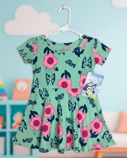 Bluey Vestido para Niñas Pequeñas con Estampado de Flores y Mangas Cortas